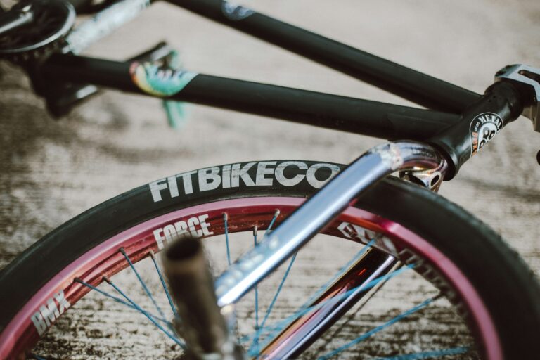Gros plan sur le cadre, la jante et le pneu d'un BMX de marque